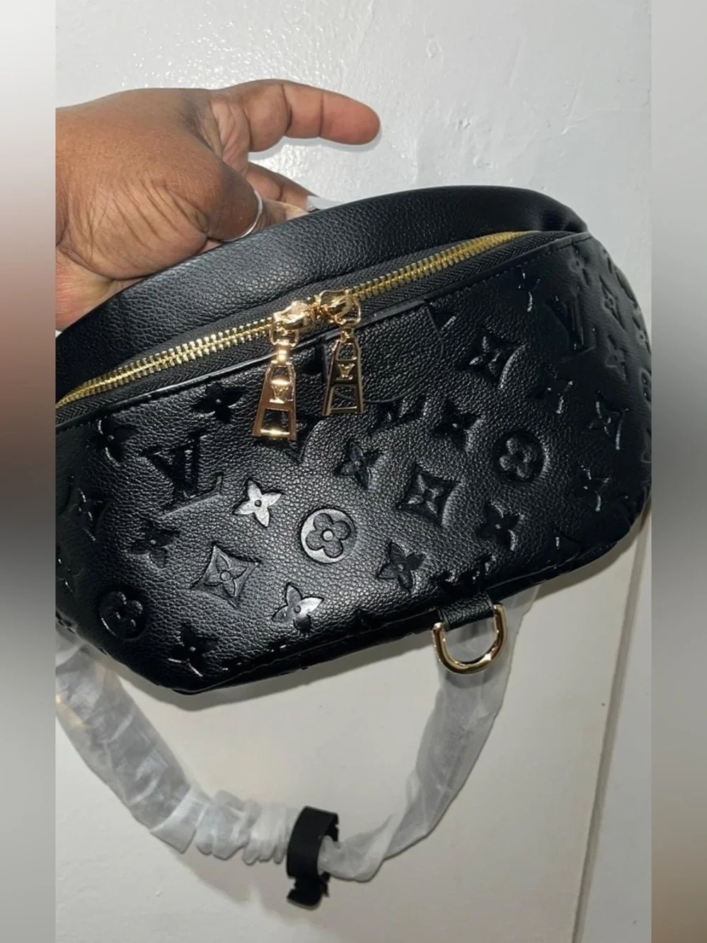 Designer-Inspired Black Embossed Belt Bag with Gold Accents